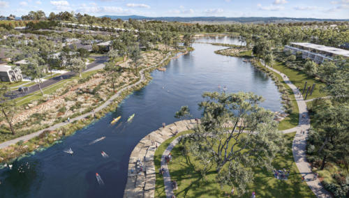 Vibrant community activities in Future Appin communities with people enjoying water sports and scenic pathways.